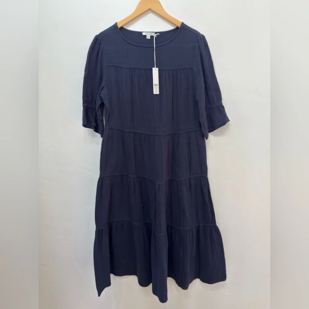 🆕 Chico's Navy Tiered Midi Dress, New with Tags, Size M (10) - Picture 2 of 5